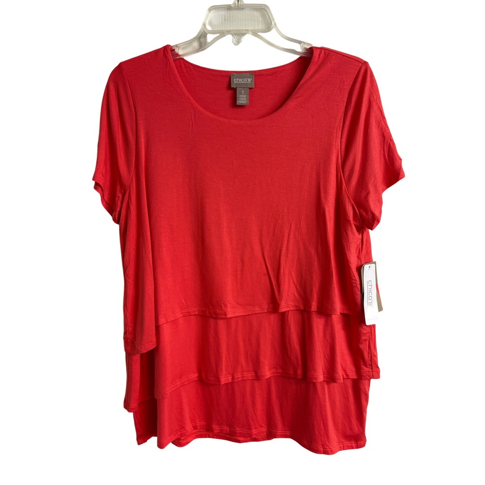 Chico's SupremelySoft Layered Tee Top Hibiscus Red Size 1 NWT Modal Stretch